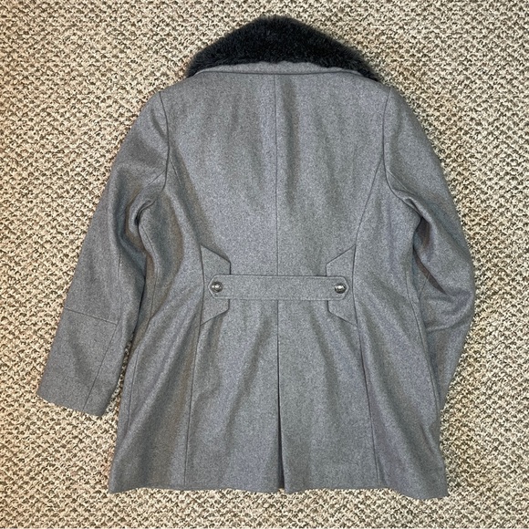 French Connection Charcoal Faux Fur Collared Double-Breasted Wool Blend Pea Coat - Picture 4 of 16